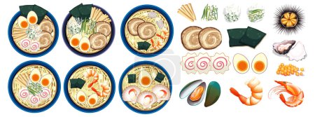 Téléchargez les illustrations : Un bol appétissant de ramen japonais garni de spécialités de fruits de mer - en licence libre de droit