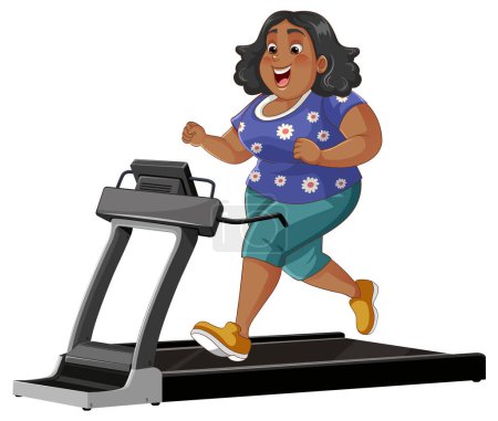 Illustration for A cartoon illustration of an overweight middle-age woman running on a treadmill - Royalty Free Image