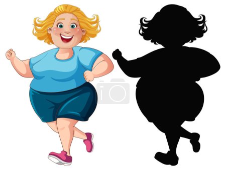 Illustration for A cartoon illustration of an overweight woman running with a silhouette - Royalty Free Image