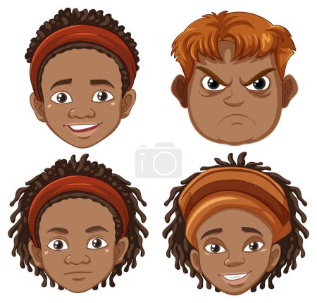 Illustration for Vector cartoon illustration of a diverse African man showcasing different emotions - Royalty Free Image