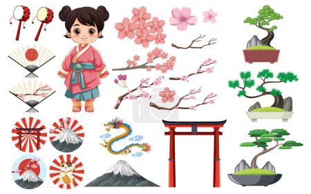Ilustración de Un encantador personaje de dibujos animados chica asiática rodeada de flores de cerezo japonesas y sosteniendo un ventilador - Imagen libre de derechos