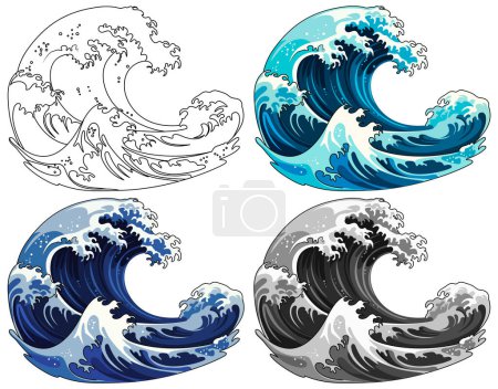 Téléchargez les illustrations : Style de dessin animé vectoriel de peintures d'ondes japonaises isolées - en licence libre de droit