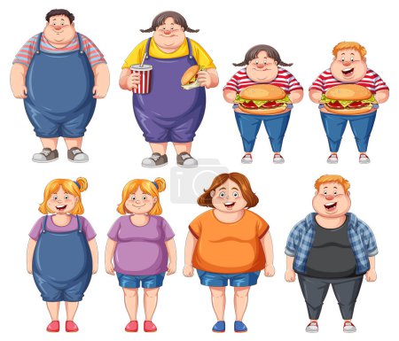 Illustration for A group of men and women depicted as cartoon characters, engaging in unhealthy eating habits - Royalty Free Image