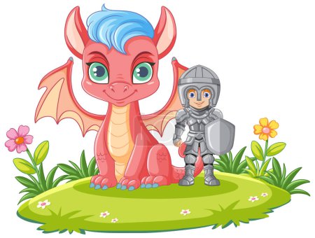 Ilustración de Dibujos animados caballero con ilustración de dragón - Imagen libre de derechos