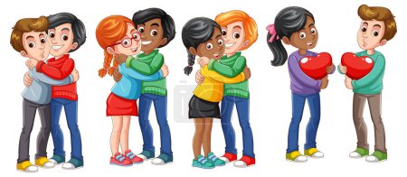 Téléchargez les illustrations : Illustration de couples divers embrassant affectueusement dans un style de dessin animé vectoriel - en licence libre de droit