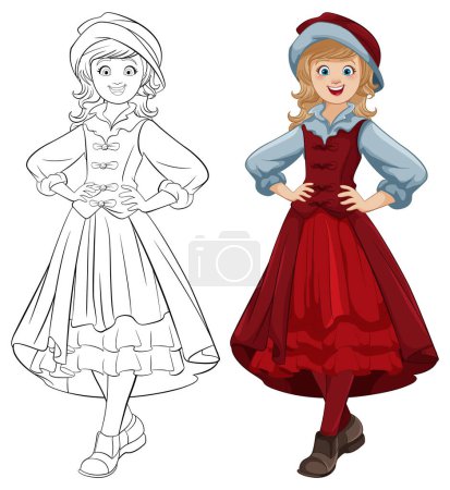 Ilustración de Una mujer feliz vistiendo un traje tradicional austriaco con un sombrero sonríe en una ilustración de dibujos animados vectoriales - Imagen libre de derechos