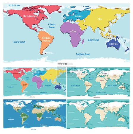 Ilustración de Ilustración de un vibrante mapa del mundo dividido en continentes - Imagen libre de derechos