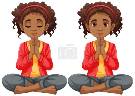 Ilustración de Una mujer con el pelo rizado sentada en oración y meditación - Imagen libre de derechos