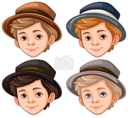 Illustration for A cartoon illustration of a handsome man with different hair and hat colors - Royalty Free Image