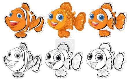 Téléchargez les illustrations : Un ensemble d'adorables poissons-clowns et poissons rouges personnages de dessins animés avec contours et silhouettes - en licence libre de droit