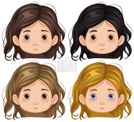 Illustration for Four cartoon-style girls with different colored faces smiling happily - Royalty Free Image