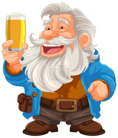 Ilustración de Hombre mayor alegre con barba y bigote sosteniendo una cerveza - Imagen libre de derechos