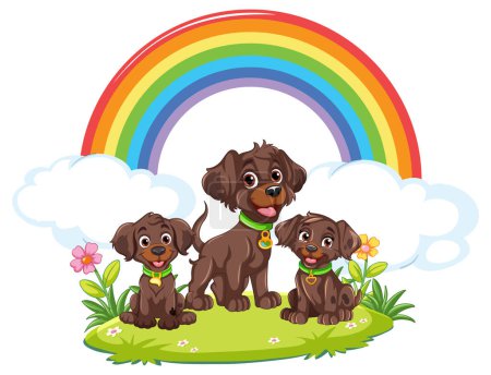 Illustration for Happy pet dogs with smiles, surrounded by a rainbow in a garden - Royalty Free Image