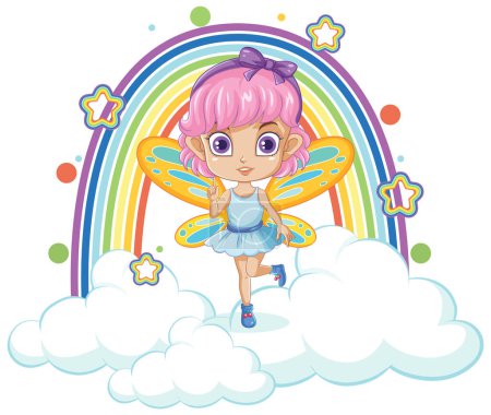 Ilustración de Las hadas de dibujos animados se elevan por encima de una nube esponjosa y un arco iris vibrante - Imagen libre de derechos