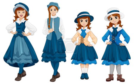 Téléchargez les illustrations : Un ensemble de filles et de femmes vêtues de bleu à différentes époques traditionnelles - en licence libre de droit