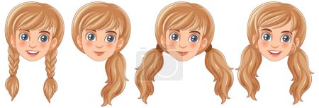 Illustration for A group of cartoon women with different hairstyles, all wearing a cheerful smile - Royalty Free Image