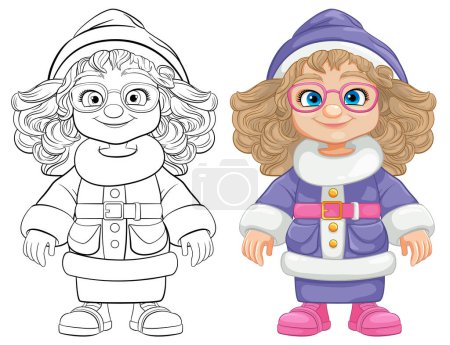 Illustration for A joyful woman dressed as a purple Santa Claus cartoon character - Royalty Free Image