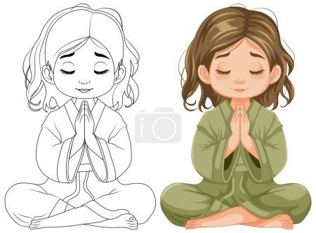 Téléchargez les illustrations : Une jeune fille s'assoit dans une posture méditative, les mains serrées dans la prière - en licence libre de droit