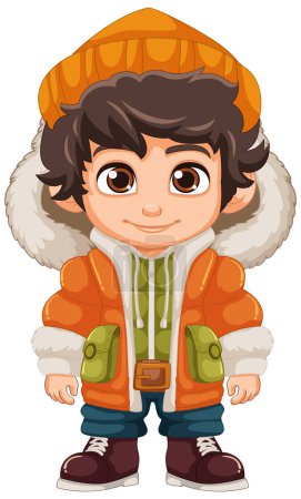 Ilustración de Un encantador personaje de dibujos animados vestido para el invierno con una chaqueta hinchable, gorro de gorro y botas - Imagen libre de derechos