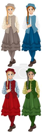 Cuatro mujeres que usan trajes clásicos vintage en diferentes colores se unen en una ilustración vectorial