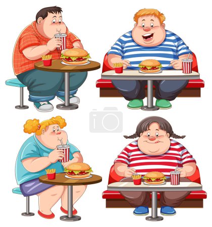 Ilustración de Personajes de dibujos animados vectoriales que se entregan a hábitos alimenticios poco saludables - Imagen libre de derechos
