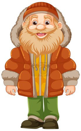 Ilustración de Ilustración vectorial de un anciano con sudadera con capucha, chaqueta hinchable, abrigo de invierno y gorro de gorro - Imagen libre de derechos