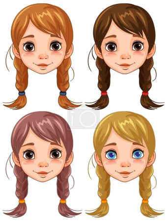 Illustration for Four women with long braids and cute cartoon faces smile at the viewer. - Royalty Free Image