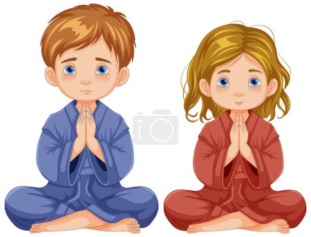 Una ilustración vectorial de dibujos animados de un niño y una niña sentados y rezando