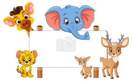 Ilustración de Una vibrante ilustración de dibujos animados de varios animales salvajes de pie juntos frente a una pancarta letrero - Imagen libre de derechos