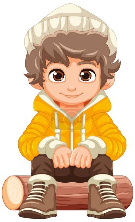 Illustration for Adorable boy sitting on a wooden log in winter attire - Royalty Free Image