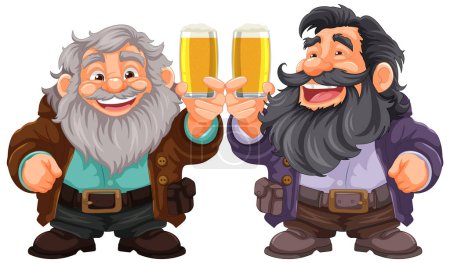 Ilustración de Feliz país ancianos con barbas y bigotes celebrando con pintas de cerveza - Imagen libre de derechos
