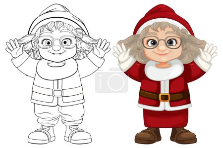 Téléchargez les illustrations : Une femme joyeuse habillée en Père Noël dans une illustration de dessin animé - en licence libre de droit