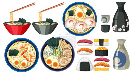 Téléchargez les illustrations : Illustration vectorielle animée présentant une variété de plats japonais, dont des sushis, des ramens, des fruits de mer, des algues, des crevettes, des œufs et du poisson. - en licence libre de droit