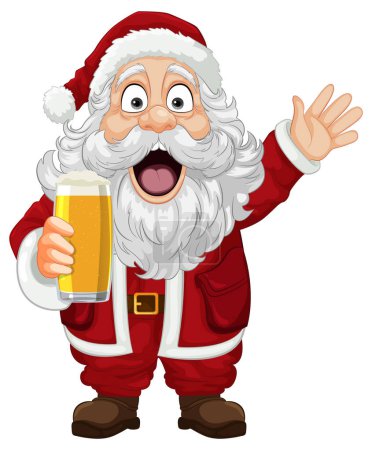 Ilustración de Santa Claus con una expresión sorprendida sosteniendo una pinta de cerveza - Imagen libre de derechos
