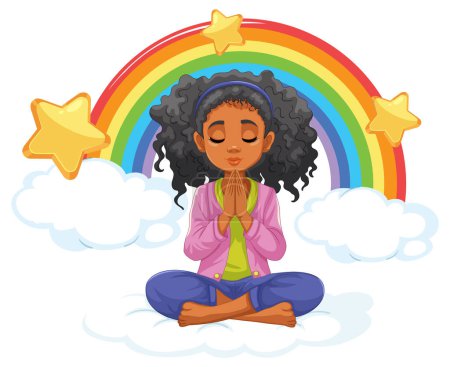 Ilustración de Mujer religiosa meditando en un sereno cielo de arco iris - Imagen libre de derechos