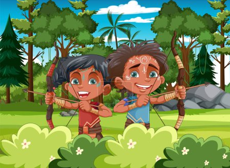 Ilustración de Una ilustración vectorial de dibujos animados de indígenas cazando en un bosque usando flechas - Imagen libre de derechos
