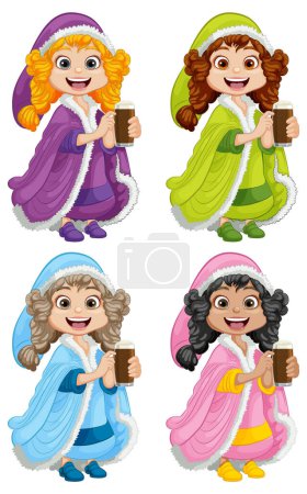 Illustration for Two women in fur coats and hair scarves holding beer - Royalty Free Image