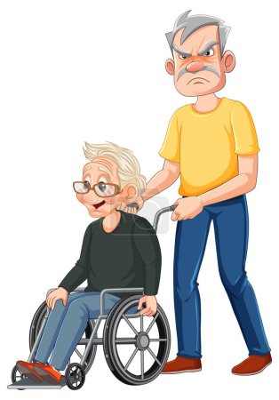 Téléchargez les illustrations : Illustration d'un grand-père en colère poussant une grand-mère dans un fauteuil roulant - en licence libre de droit