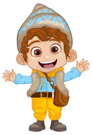 Ilustración de Un niño feliz usando ropa de invierno en una ilustración de dibujos animados - Imagen libre de derechos
