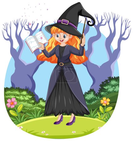 Ilustración de Una bruja de fantasía lanza un hechizo en un bosque místico, rodeado de árboles y vida silvestre - Imagen libre de derechos