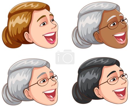 Téléchargez les illustrations : Ensemble de femme d'âge moyen dans différentes couleurs de peau et illustration de race - en licence libre de droit