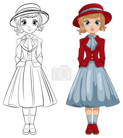 Illustration for A vector illustration of a young girl dressed in a vintage Victorian outfit - Royalty Free Image