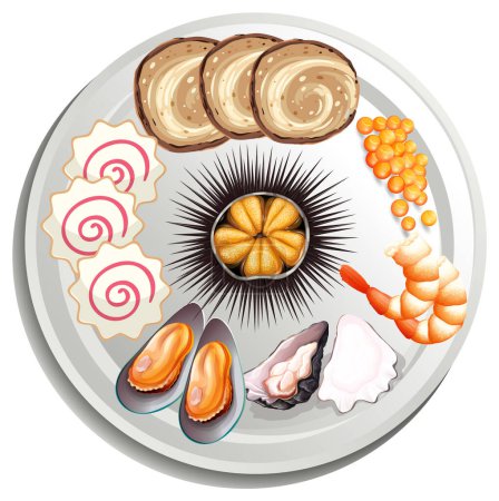 Téléchargez les illustrations : Délicieuse assiette de fruits de mer japonais avec porc chashu, crevettes, huîtres, moules, oursins, gâteaux de poisson, saumon et œufs - en licence libre de droit
