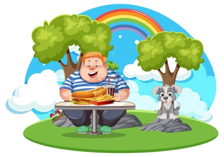 Illustration for An overweight man indulging in fast food while his pet sits beside him in a park - Royalty Free Image