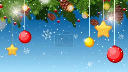 Ilustración de Un telón de fondo con estrellas y adornos de Navidad colgando de los árboles - Imagen libre de derechos