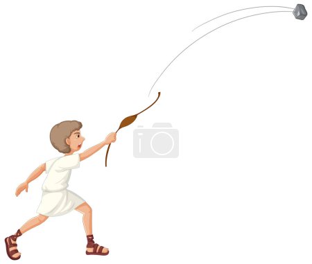 Ilustración de Ilustración de David, un joven, sacando una piedra de un cabestrillo en la historia bíblica de David y Goliat - Imagen libre de derechos