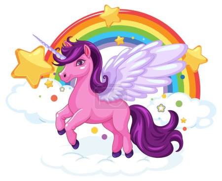 Téléchargez les illustrations : Une illustration de dessin animé colorée et adorable mettant en vedette une licorne rose volant au milieu d'un arc-en-ciel, des nuages et des étoiles - en licence libre de droit