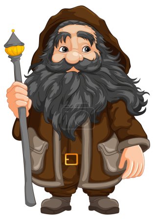Téléchargez les illustrations : Un vieux sorcier illustré tenant un bâton, portant un sweat à capuche bleu - en licence libre de droit