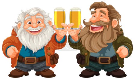 Ilustración de Viejos felices con barbas y bigotes disfrutando de una pinta de cerveza en celebración - Imagen libre de derechos