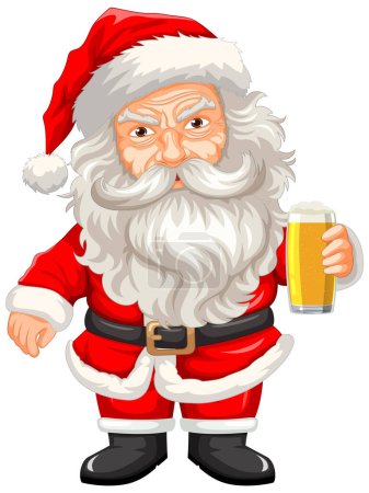 Téléchargez les illustrations : Une pinte de bière, illustration vectorielle de dessin animé d'un vieil homme effrayant dans les vêtements du Père Noël - en licence libre de droit